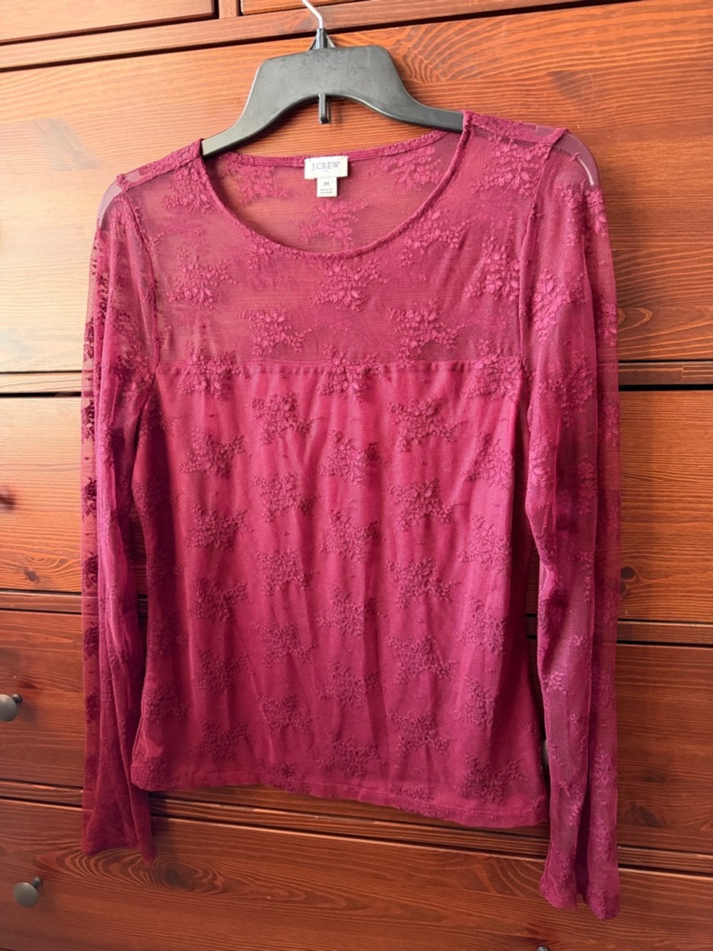 J. Crew Long-Sleeve Lace Lined Top in Vintage Burgundy - Picture 2 of 6